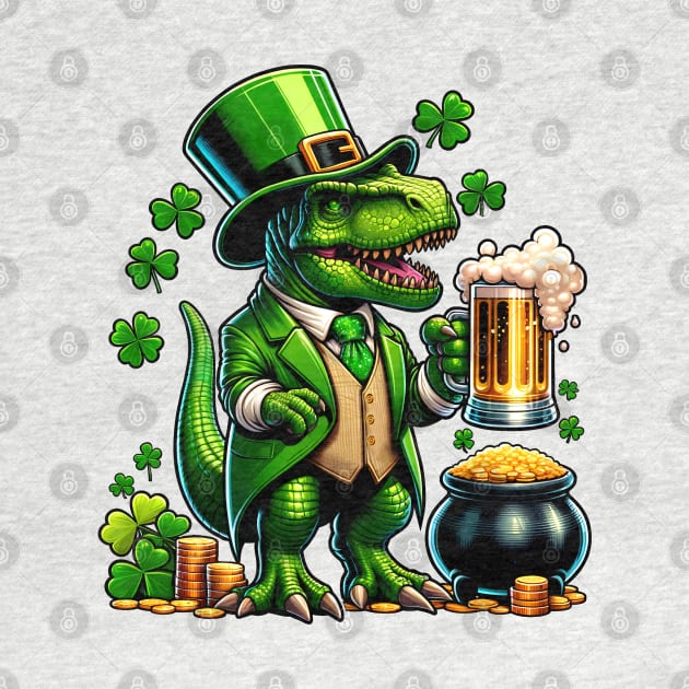 St Patrick's Day Irish T Rex Leprechaun Drinking Beer by E